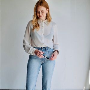 Sheer Ivory Studded Collar Long Sleeve Button Up